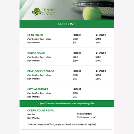 Tennis Class Price List